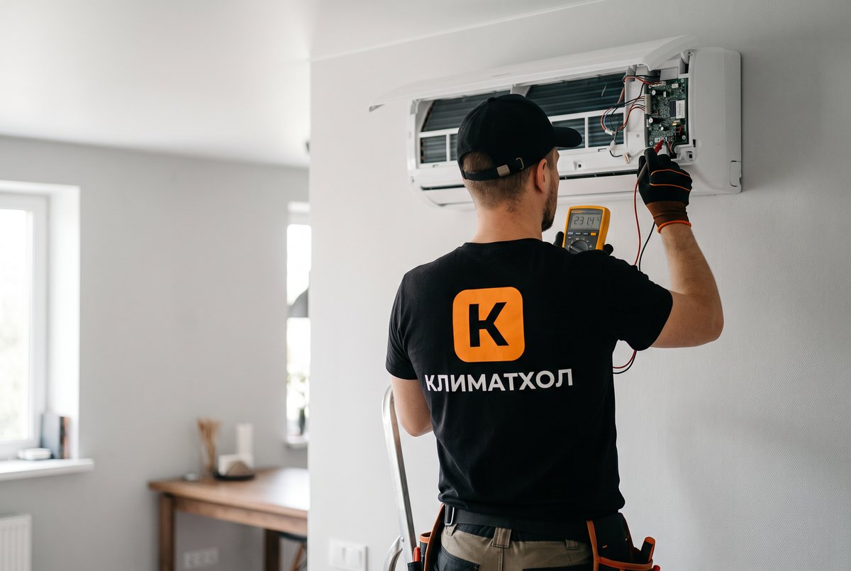 Мастер проверяет плату кондиционера мультиметром